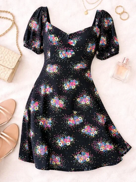Anthropologie Floral Dress Puff Sleeve Black Mini Fit Flare Size 8 - Picture 1 of 11